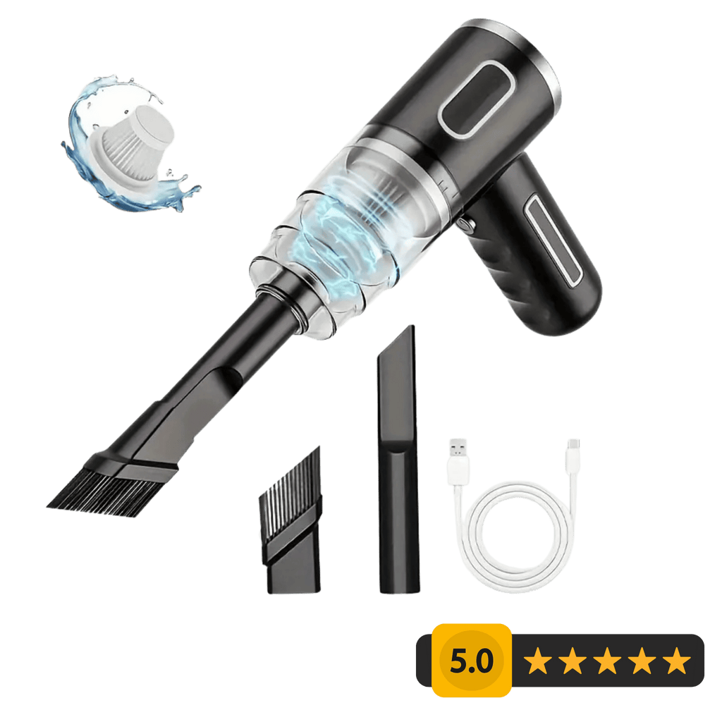 Black handheld vacuum cleaner with attachments and USB cable on a transparent background