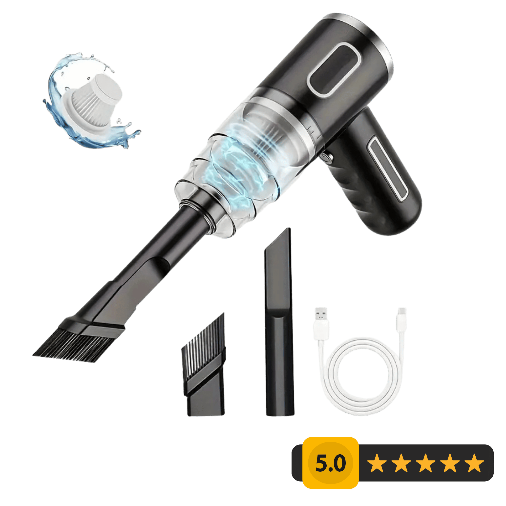 Black handheld vacuum cleaner with attachments and USB cable on a transparent background