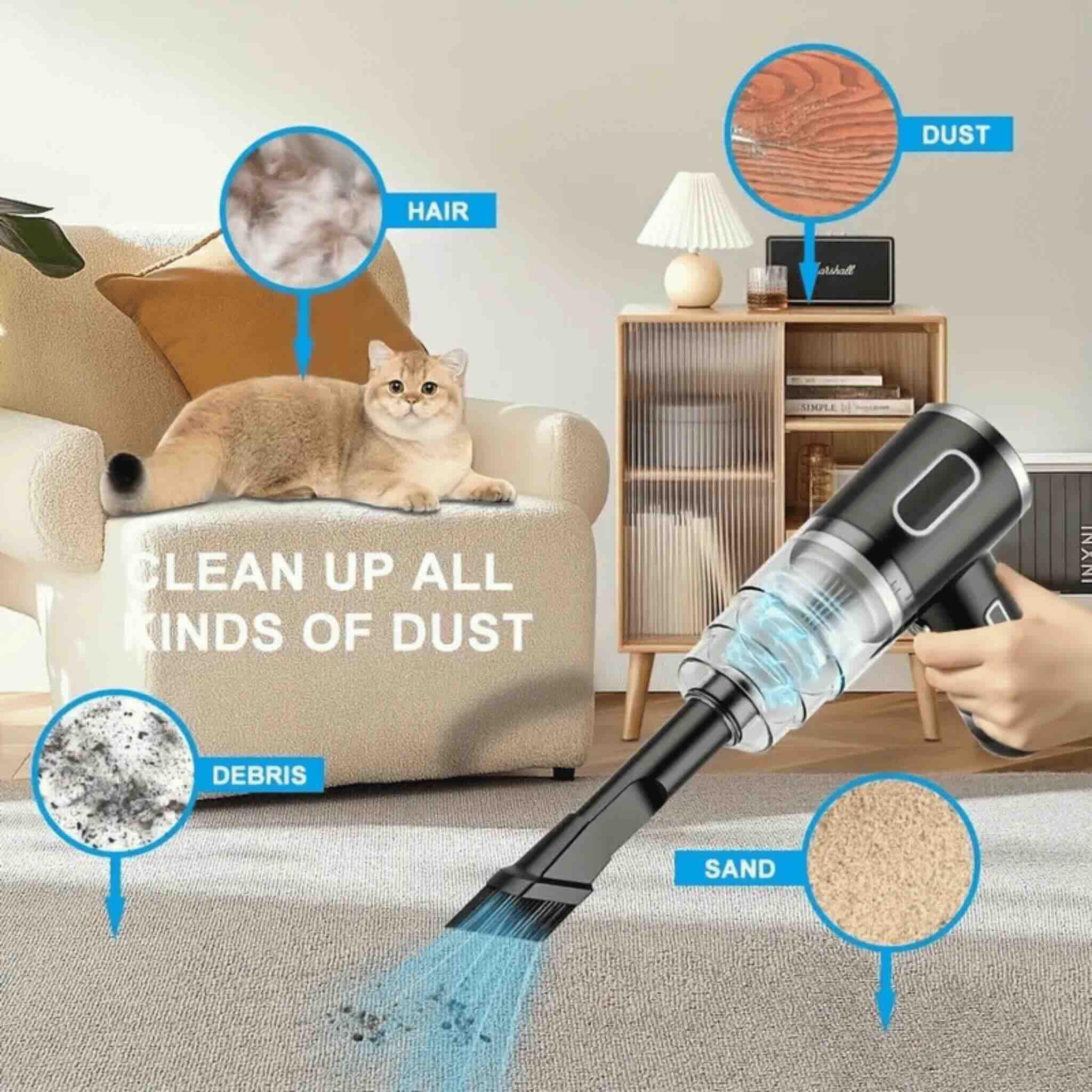 Person using a handheld vacuum cleaner in a living room with a cat on a couch.