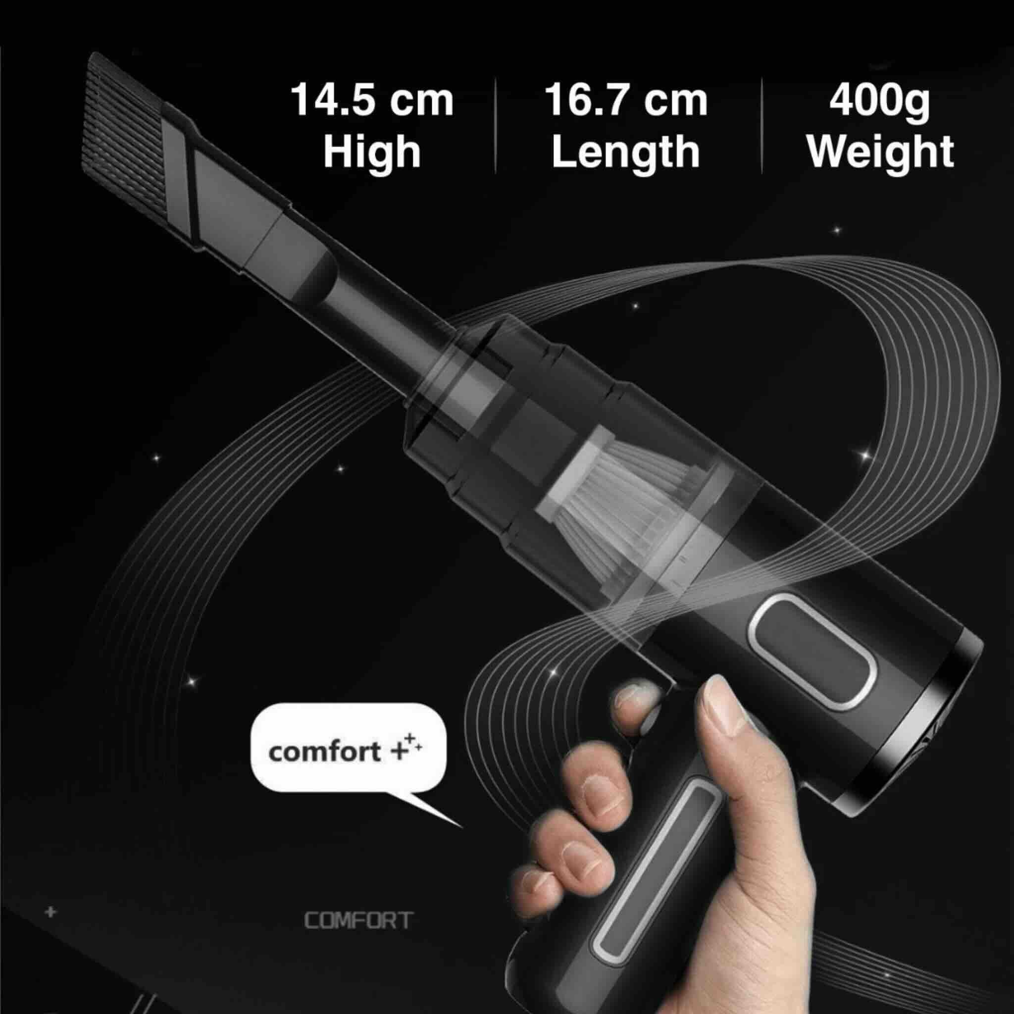 Handheld vacuum cleaner with dimensions and weight displayed on a black background
