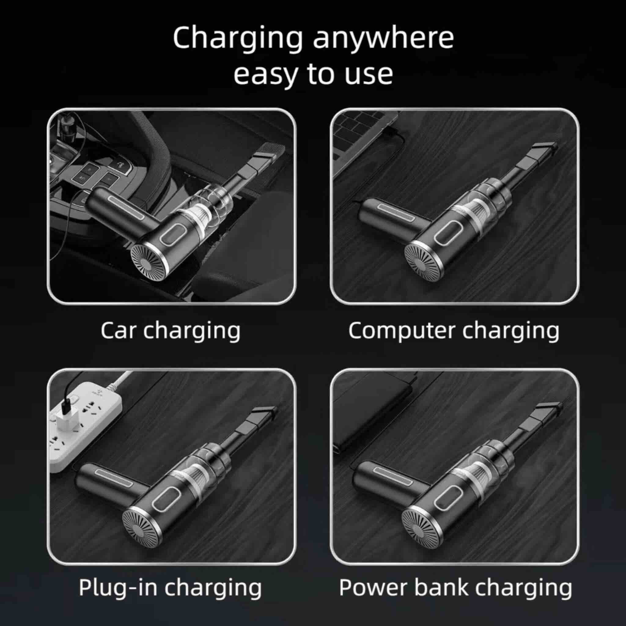 Illustrations of a charging tool being used for car, computer, plug-in, and power bank charging on a black background.