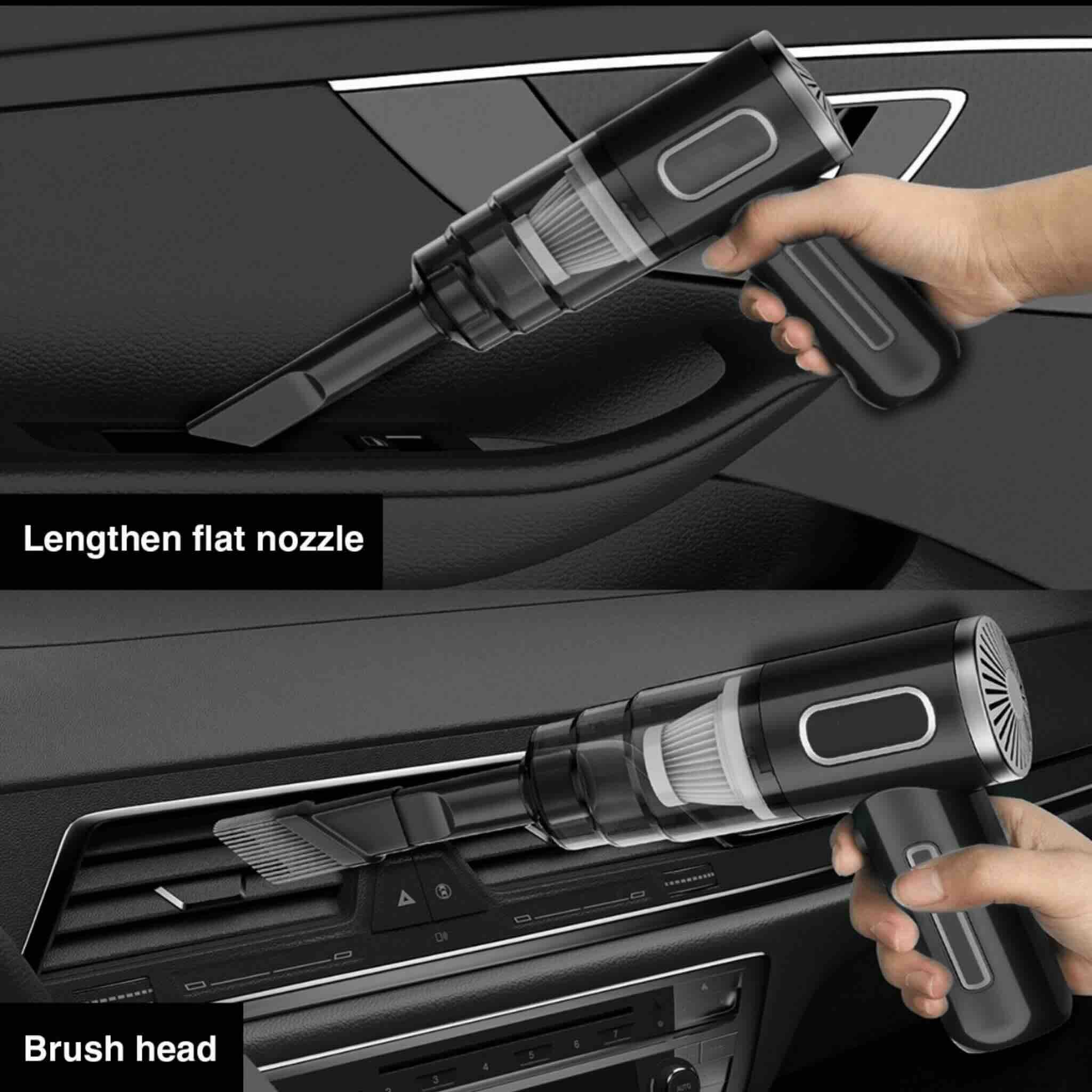 Handheld vacuum cleaner with flat nozzle and brush head being used inside a car.