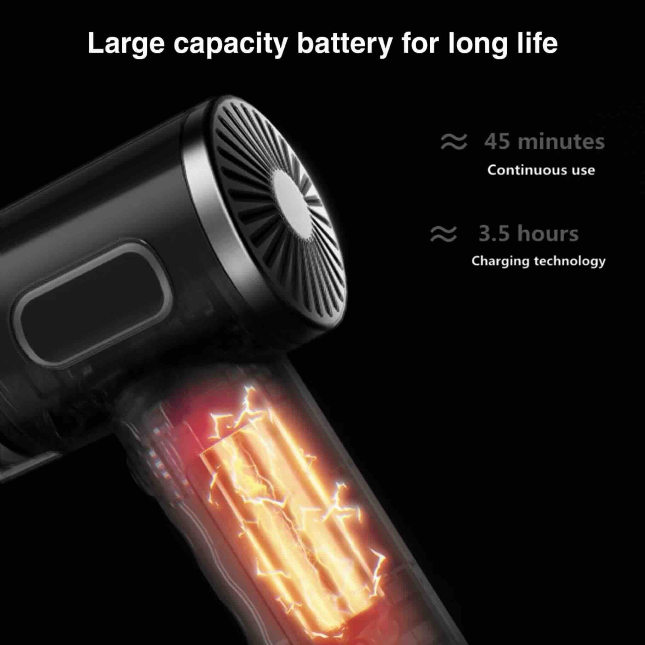 Black handheld device with glowing interior on a black background, highlighting battery capacity and usage time.