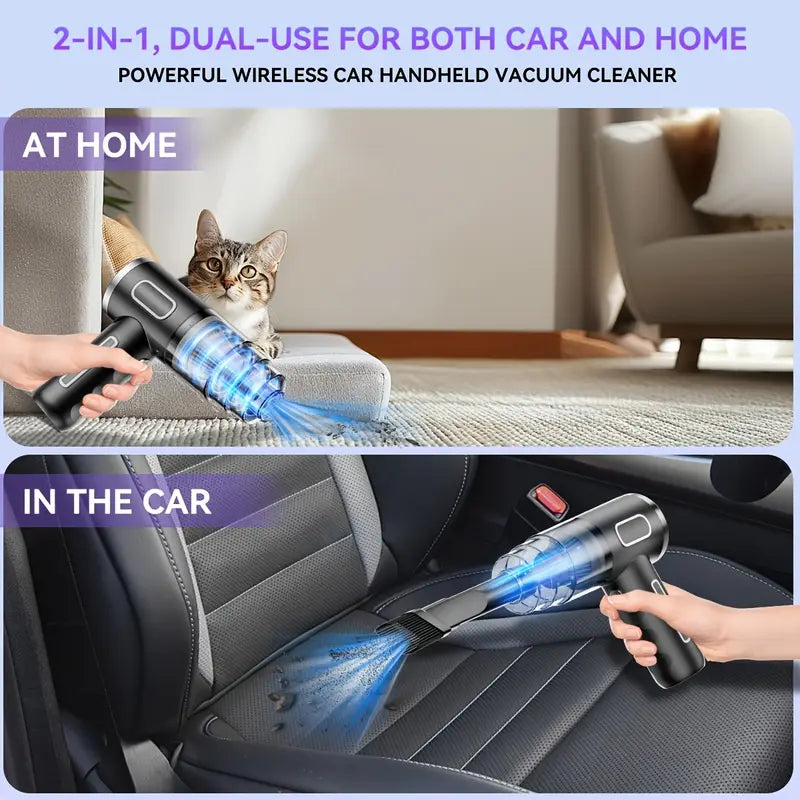 Powerful wireless car handheld vacuum cleaner being used at home and in a car.