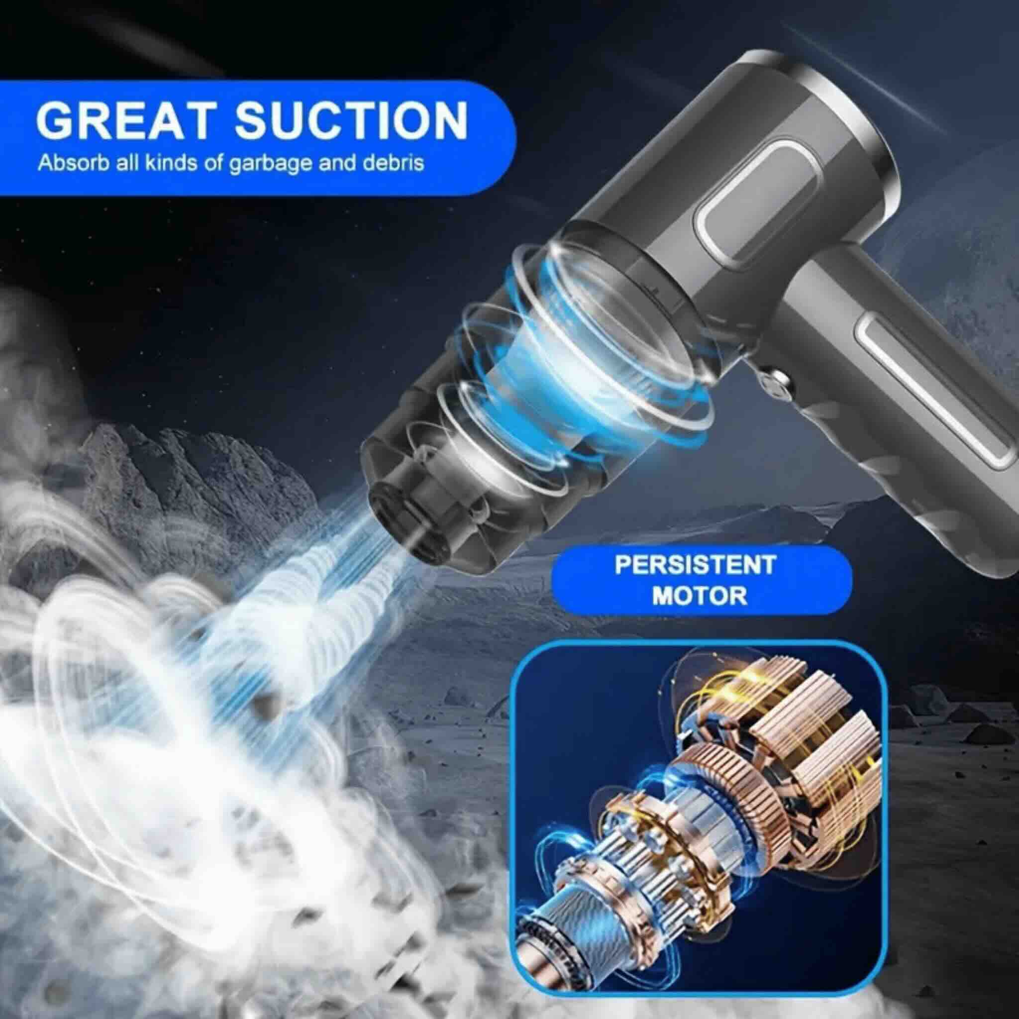 Vacuum cleaner head with text highlighting suction power and motor technology on a dark background.