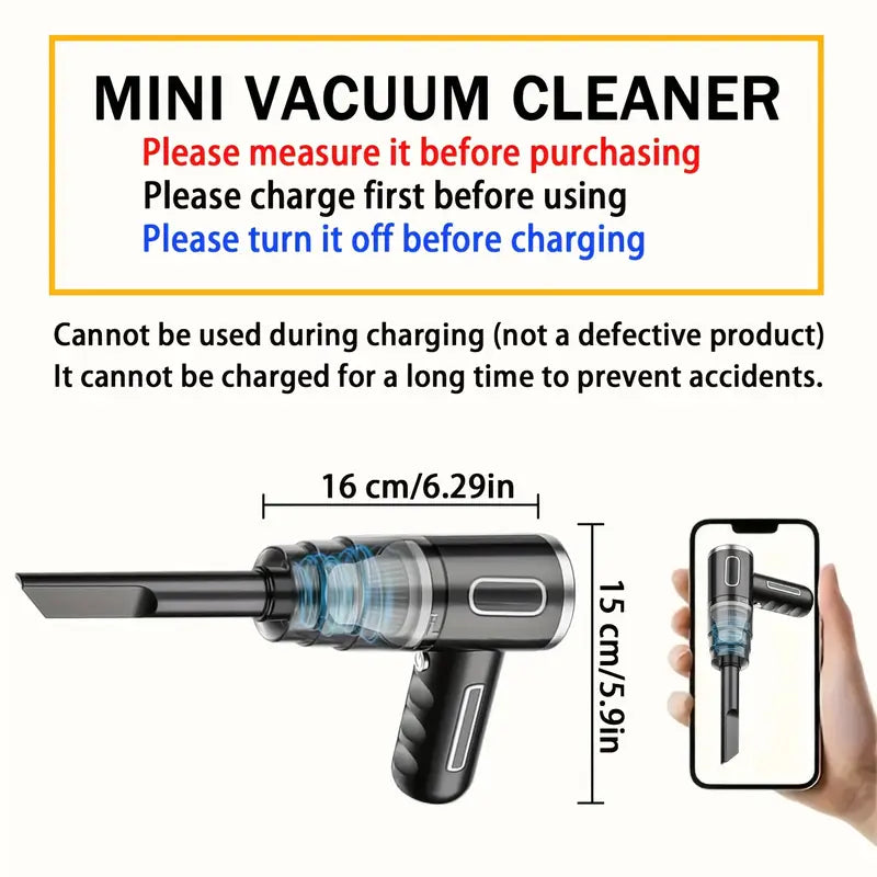 Mini vacuum cleaner with usage instructions and dimensions on a white background