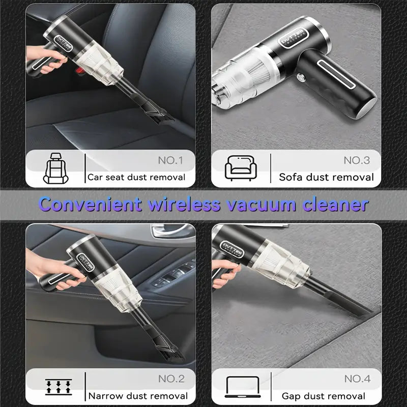 Convenient wireless vacuum cleaner being used on car seats and sofa with text labels.